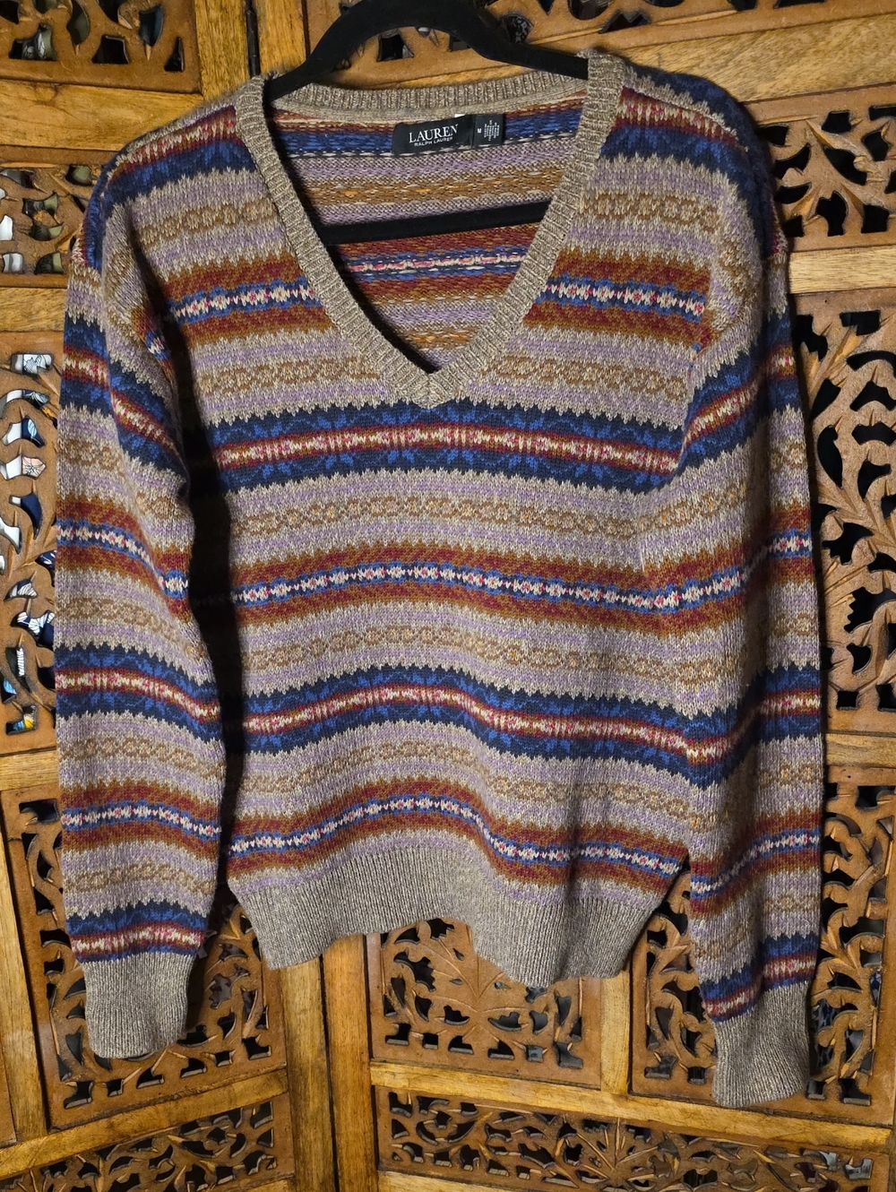 Lauren Ralph Lauren Taupe V-Neck Sweater with Navy & Rust Stripes